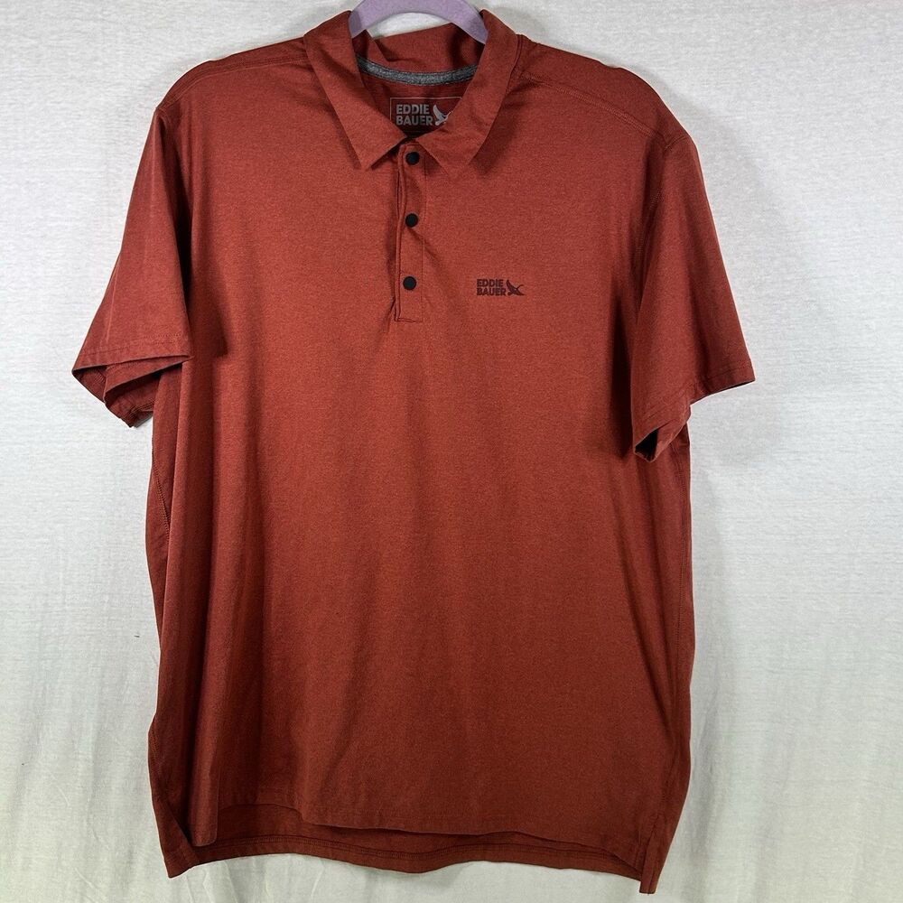Eddie Bauer Mens Large Red Orange Mountain Trek Short Sleeve Polo Snap Shirt